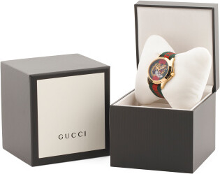 Gucci Swiss Made G Timeless Embroidered Tiger Stripe Strap Watch 